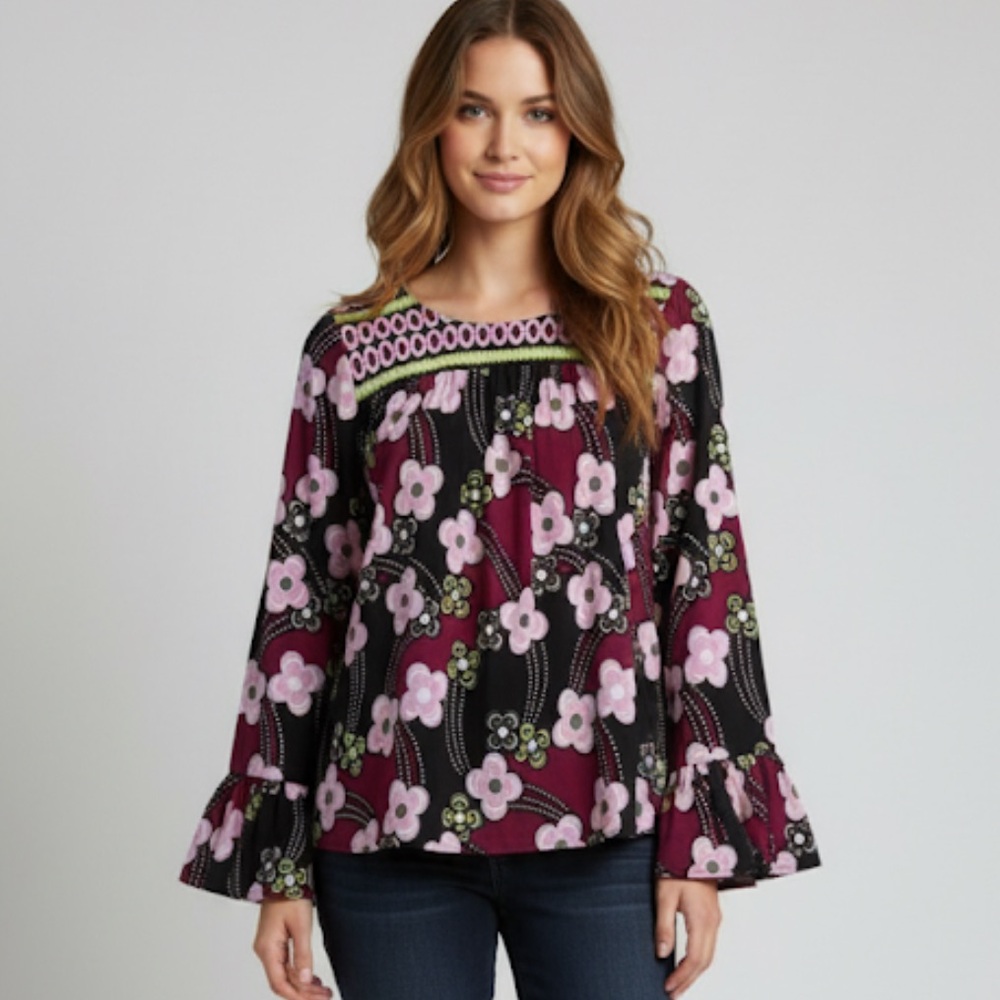 Crown & Ivy Botanic Bouquet Bell Sleeve Floral Blouse Mod Boho Top Medium